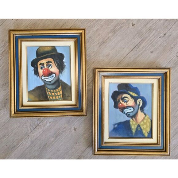 Set Of 2 Original Sad & Happy Clown Oil Paintings Signed Brodie Pro Framed MCM - Picture 1 of 16